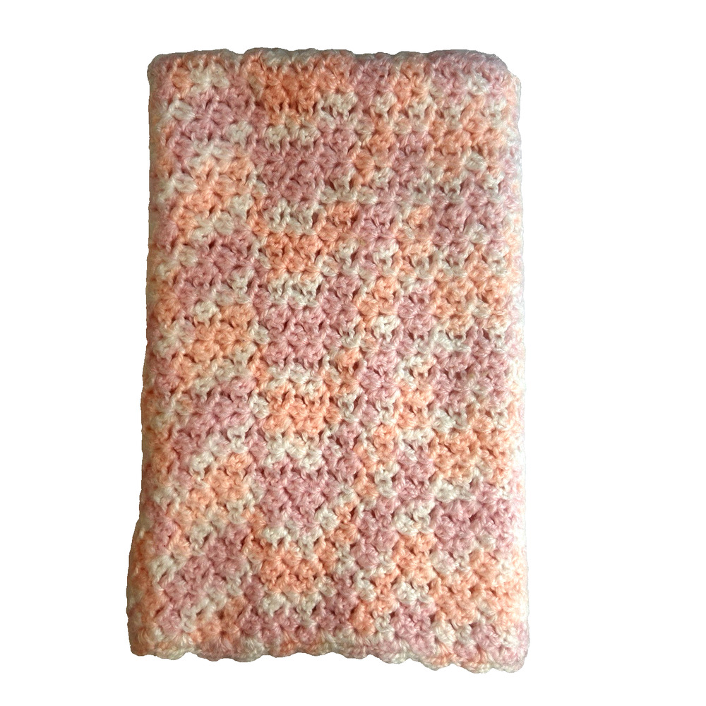 VTG Crocheted Shell Pattern Baby Afghan Pink White Handmade Girl Nursery 35”x30”